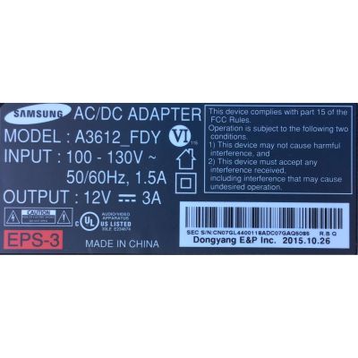 ADAPTADOR SAMSUNG VCA EPS-3 / NUMERO DE PARTE EPS-3  / MODELO A3612_FDY / ENTRADA VCA 100-130V～50-60Hz 1.5A / SALIDA VCD 12V-3A 	 - Imagen 3